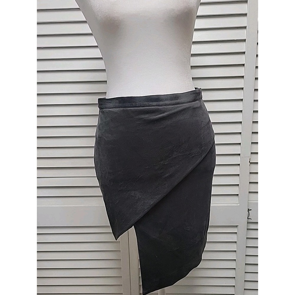 Y2K Gray Faux Suede Asymmetrical Wrap Pencil Midi Skirt Stretch Velour SZ Small